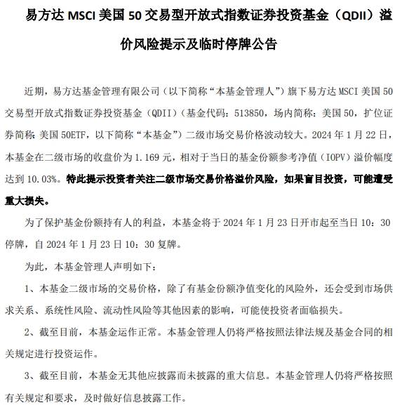 有溢价风险！易方达停牌美国50ETF