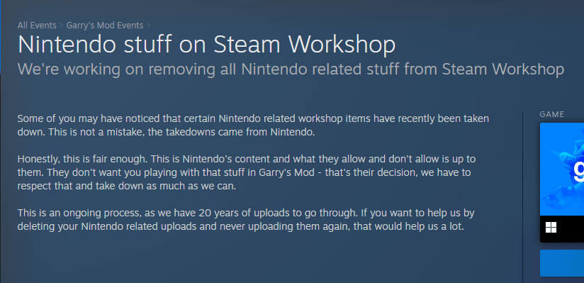 Steam修改退款规则 / Garry's Mod删除任天堂相关内容
